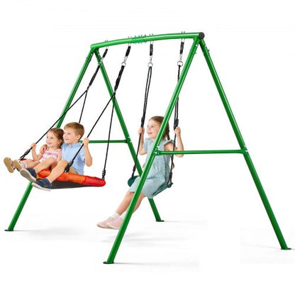 VEVOR Swing Set for Backyard, 32 in Saucer Swing Seat and Belt Seat, with Heavy Duty A-Frame Metal Stand, 440 lbs Load Capacity, Reinforced with Spiral Ground Anchors, Swingset Outdoor for Kids - AXQQTZ2RWCGL2KT8O001V0 - view 2