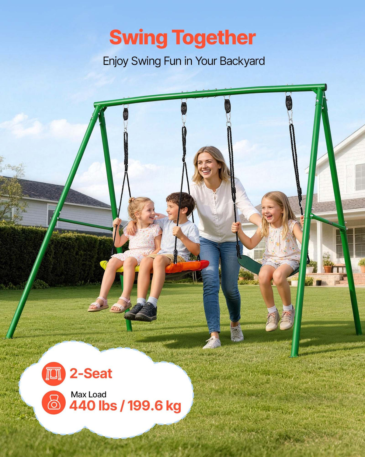 VEVOR Swing Set for Backyard, 32 in Saucer Swing Seat and Belt Seat, with Heavy Duty A-Frame Metal Stand, 440 lbs Load Capacity, Reinforced with Spiral Ground Anchors, Swingset Outdoor for Kids - AXQQTZ2RWCGL2KT8O001V0 - view 3