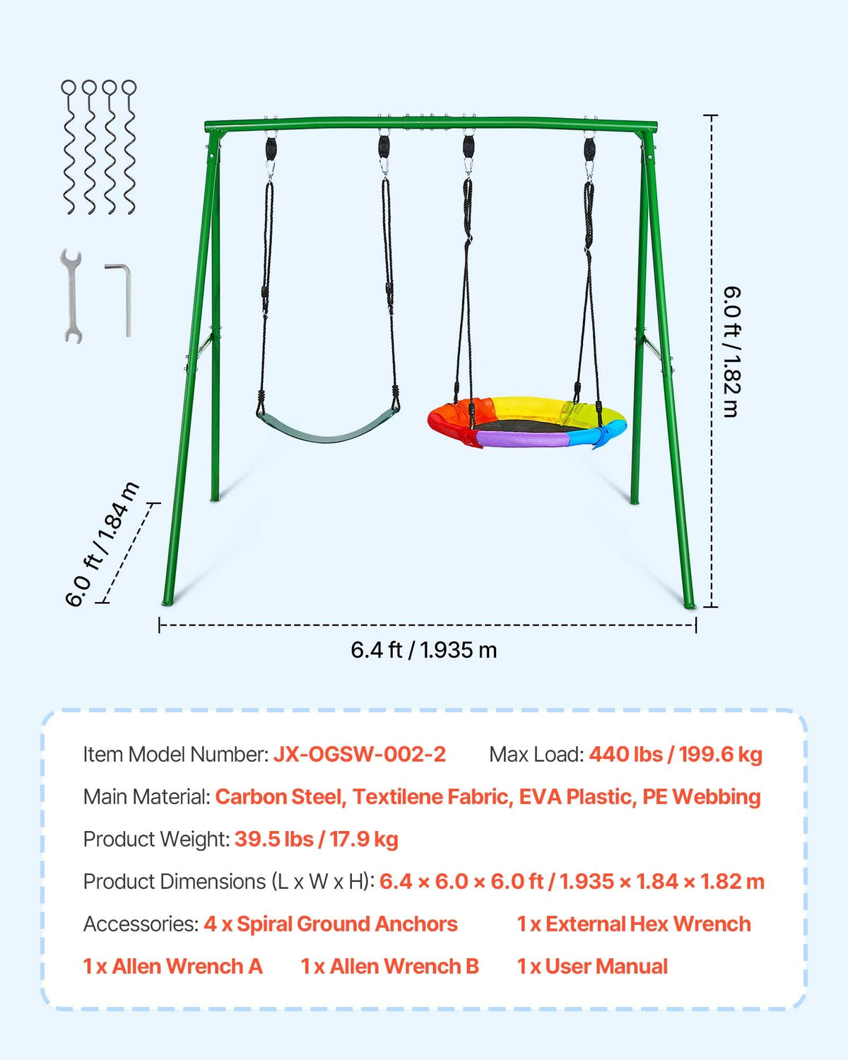 VEVOR Swing Set for Backyard, 32 in Saucer Swing Seat and Belt Seat, with Heavy Duty A-Frame Metal Stand, 440 lbs Load Capacity, Reinforced with Spiral Ground Anchors, Swingset Outdoor for Kids - AXQQTZ2RWCGL2KT8O001V0 - view 8