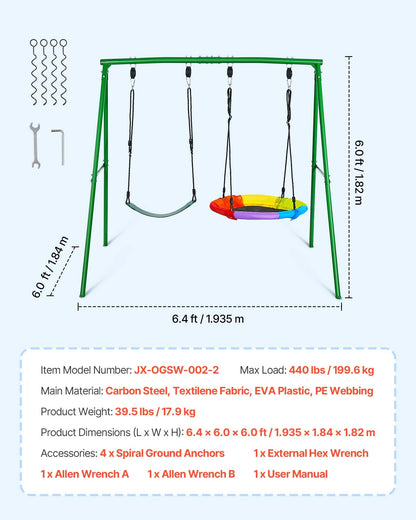 VEVOR Swing Set for Backyard, 32 in Saucer Swing Seat and Belt Seat, with Heavy Duty A-Frame Metal Stand, 440 lbs Load Capacity, Reinforced with Spiral Ground Anchors, Swingset Outdoor for Kids - AXQQTZ2RWCGL2KT8O001V0 - view 8