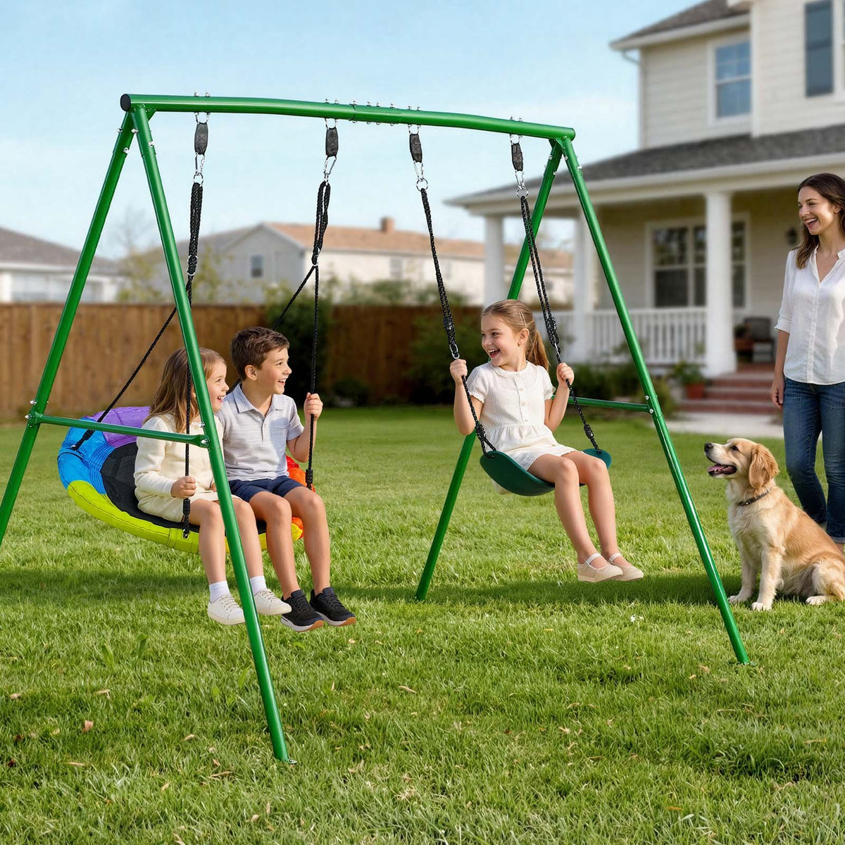 VEVOR Swing Set for Backyard, 32 in Saucer Swing Seat and Belt Seat, with Heavy Duty A-Frame Metal Stand, 440 lbs Load Capacity, Reinforced with Spiral Ground Anchors, Swingset Outdoor for Kids - AXQQTZ2RWCGL2KT8O001V0 - view 9