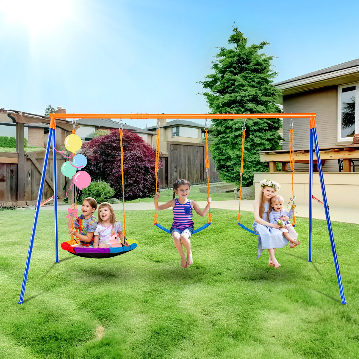 VEVOR Swing Sets for Backyard, 600lbs Load Capacity Swing Set, with 1 Saucer Swing Seat, 2 Belt Swing Seats, Heavy Duty A-Frame Metal Swing Stand and Adjustable Rope, Swingset Outdoor for Kids - AXQQTZ3RW000W9S5KV0 - view 1