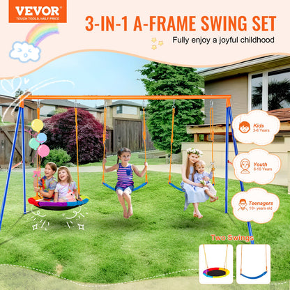 VEVOR Swing Sets for Backyard, 600lbs Load Capacity Swing Set, with 1 Saucer Swing Seat, 2 Belt Swing Seats, Heavy Duty A-Frame Metal Swing Stand and Adjustable Rope, Swingset Outdoor for Kids - AXQQTZ3RW000W9S5KV0 - view 3