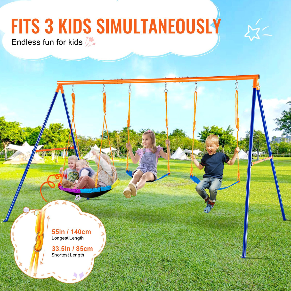 VEVOR Swing Sets for Backyard, 600lbs Load Capacity Swing Set, with 1 Saucer Swing Seat, 2 Belt Swing Seats, Heavy Duty A-Frame Metal Swing Stand and Adjustable Rope, Swingset Outdoor for Kids - AXQQTZ3RW000W9S5KV0 - view 5