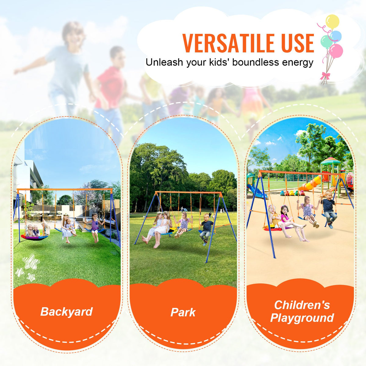 VEVOR Swing Sets for Backyard, 600lbs Load Capacity Swing Set, with 1 Saucer Swing Seat, 2 Belt Swing Seats, Heavy Duty A-Frame Metal Swing Stand and Adjustable Rope, Swingset Outdoor for Kids - AXQQTZ3RW000W9S5KV0 - view 7