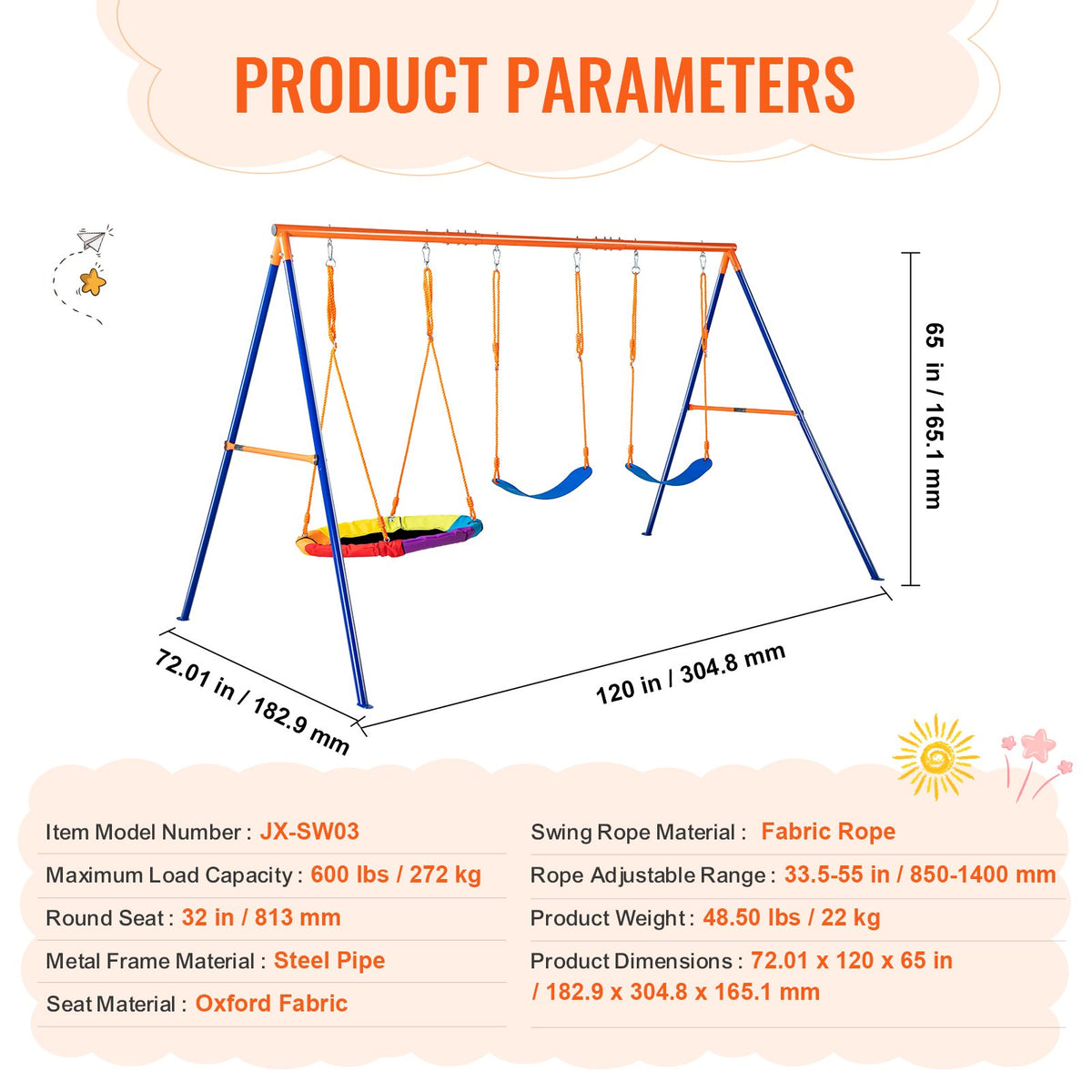 VEVOR Swing Sets for Backyard, 600lbs Load Capacity Swing Set, with 1 Saucer Swing Seat, 2 Belt Swing Seats, Heavy Duty A-Frame Metal Swing Stand and Adjustable Rope, Swingset Outdoor for Kids - AXQQTZ3RW000W9S5KV0 - view 8
