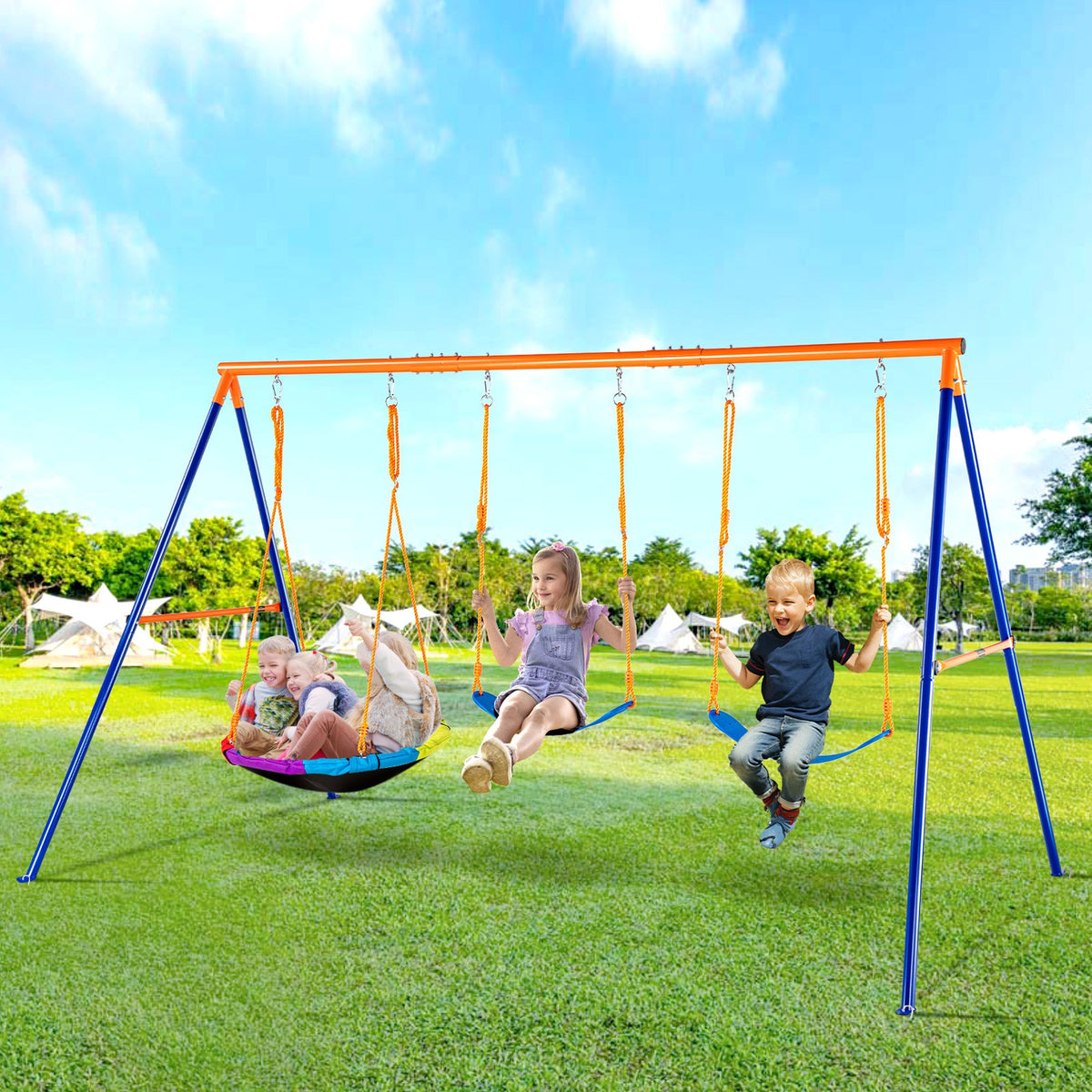 VEVOR Swing Sets for Backyard, 600lbs Load Capacity Swing Set, with 1 Saucer Swing Seat, 2 Belt Swing Seats, Heavy Duty A-Frame Metal Swing Stand and Adjustable Rope, Swingset Outdoor for Kids - AXQQTZ3RW000W9S5KV0 - view 9