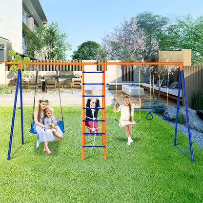 VEVOR Swing Sets for Backyard, 6 in 1 Swing Set with 2 Swings, Trapeze Bar, Climbing Ladder, Climbing Net, and Basketball Hoop, 440lbs Load Capacity Heavy-Duty Metal Swingset Outdoor for Kids Ages 3+ - AXQQTZ4RW000I4JXOV0 - view 1