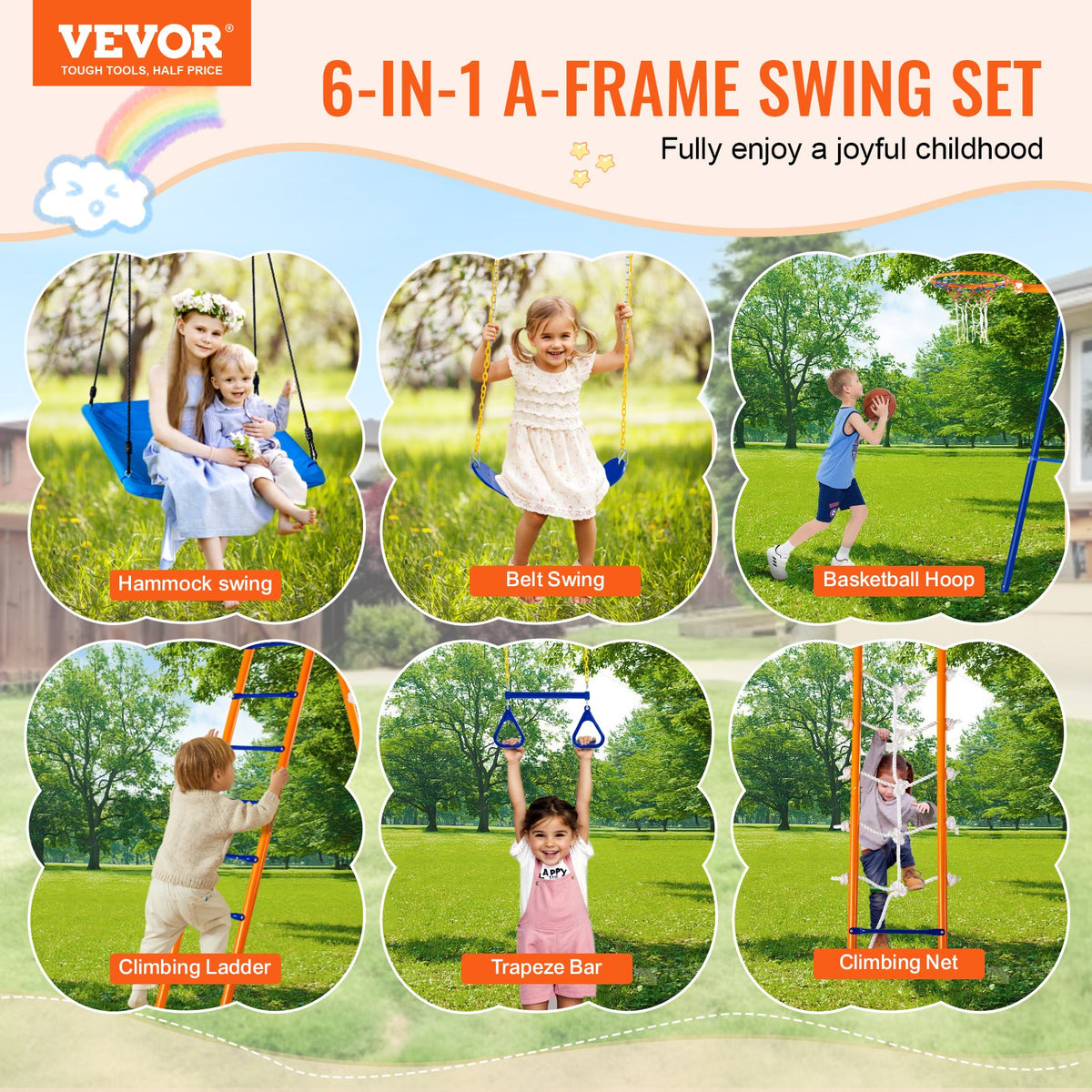 VEVOR Swing Sets for Backyard, 6 in 1 Swing Set with 2 Swings, Trapeze Bar, Climbing Ladder, Climbing Net, and Basketball Hoop, 440lbs Load Capacity Heavy-Duty Metal Swingset Outdoor for Kids Ages 3+ - AXQQTZ4RW000I4JXOV0 - view 3