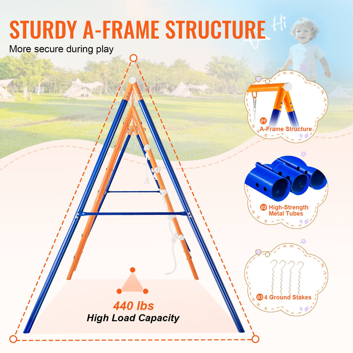 VEVOR Swing Sets for Backyard, 6 in 1 Swing Set with 2 Swings, Trapeze Bar, Climbing Ladder, Climbing Net, and Basketball Hoop, 440lbs Load Capacity Heavy-Duty Metal Swingset Outdoor for Kids Ages 3+ - AXQQTZ4RW000I4JXOV0 - view 4