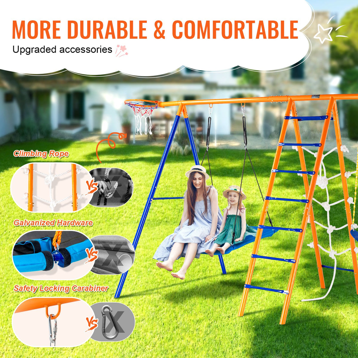 VEVOR Swing Sets for Backyard, 6 in 1 Swing Set with 2 Swings, Trapeze Bar, Climbing Ladder, Climbing Net, and Basketball Hoop, 440lbs Load Capacity Heavy-Duty Metal Swingset Outdoor for Kids Ages 3+ - AXQQTZ4RW000I4JXOV0 - view 5