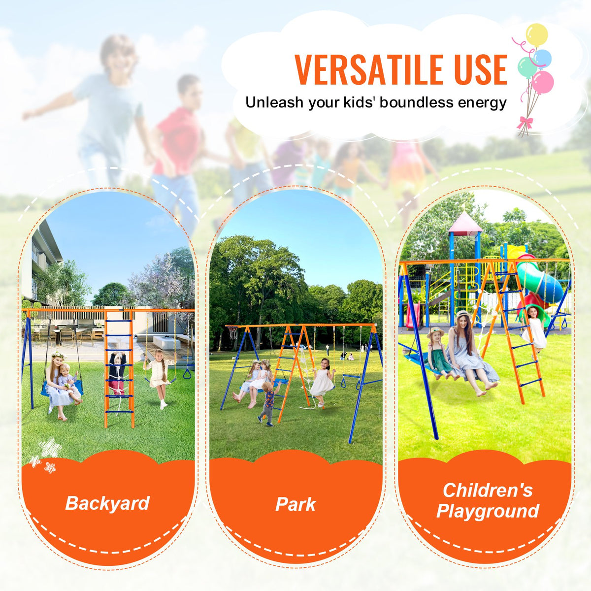 VEVOR Swing Sets for Backyard, 6 in 1 Swing Set with 2 Swings, Trapeze Bar, Climbing Ladder, Climbing Net, and Basketball Hoop, 440lbs Load Capacity Heavy-Duty Metal Swingset Outdoor for Kids Ages 3+ - AXQQTZ4RW000I4JXOV0 - view 7