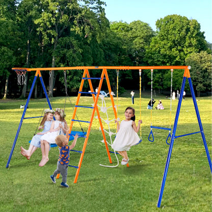 VEVOR Swing Sets for Backyard, 6 in 1 Swing Set with 2 Swings, Trapeze Bar, Climbing Ladder, Climbing Net, and Basketball Hoop, 440lbs Load Capacity Heavy-Duty Metal Swingset Outdoor for Kids Ages 3+ - AXQQTZ4RW000I4JXOV0 - view 9