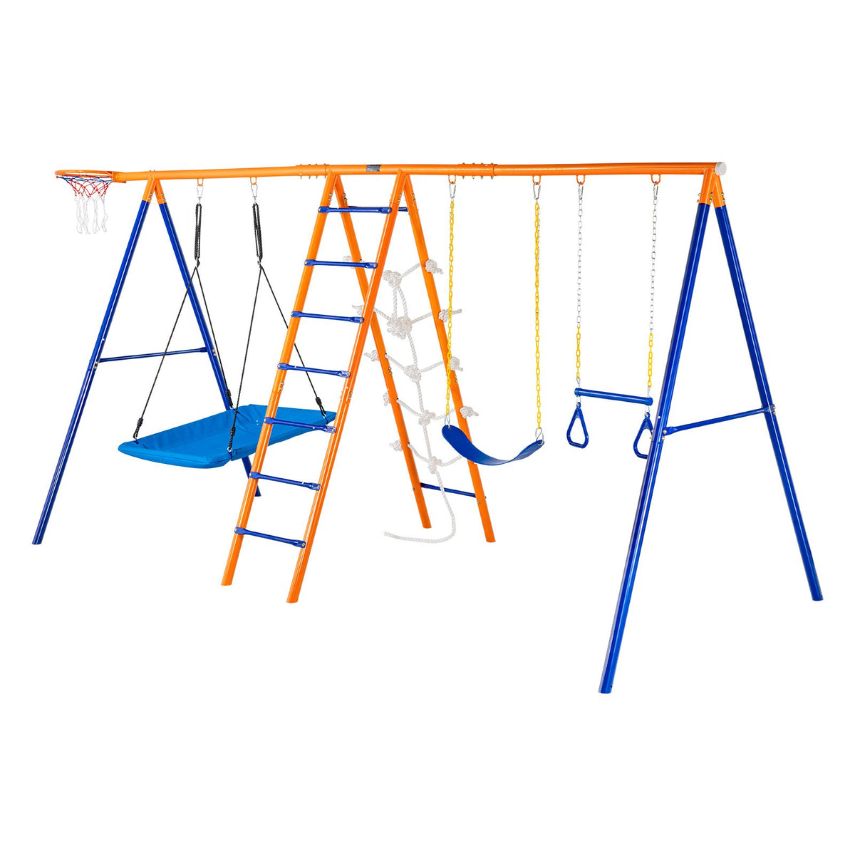 VEVOR Swing Sets for Backyard, 6 in 1 Swing Set with 2 Swings, Trapeze Bar, Climbing Ladder, Climbing Net, and Basketball Hoop, 440lbs Load Capacity Heavy-Duty Metal Swingset Outdoor for Kids Ages 3+ - AXQQTZ4RW000I4JXOV0 - view 10
