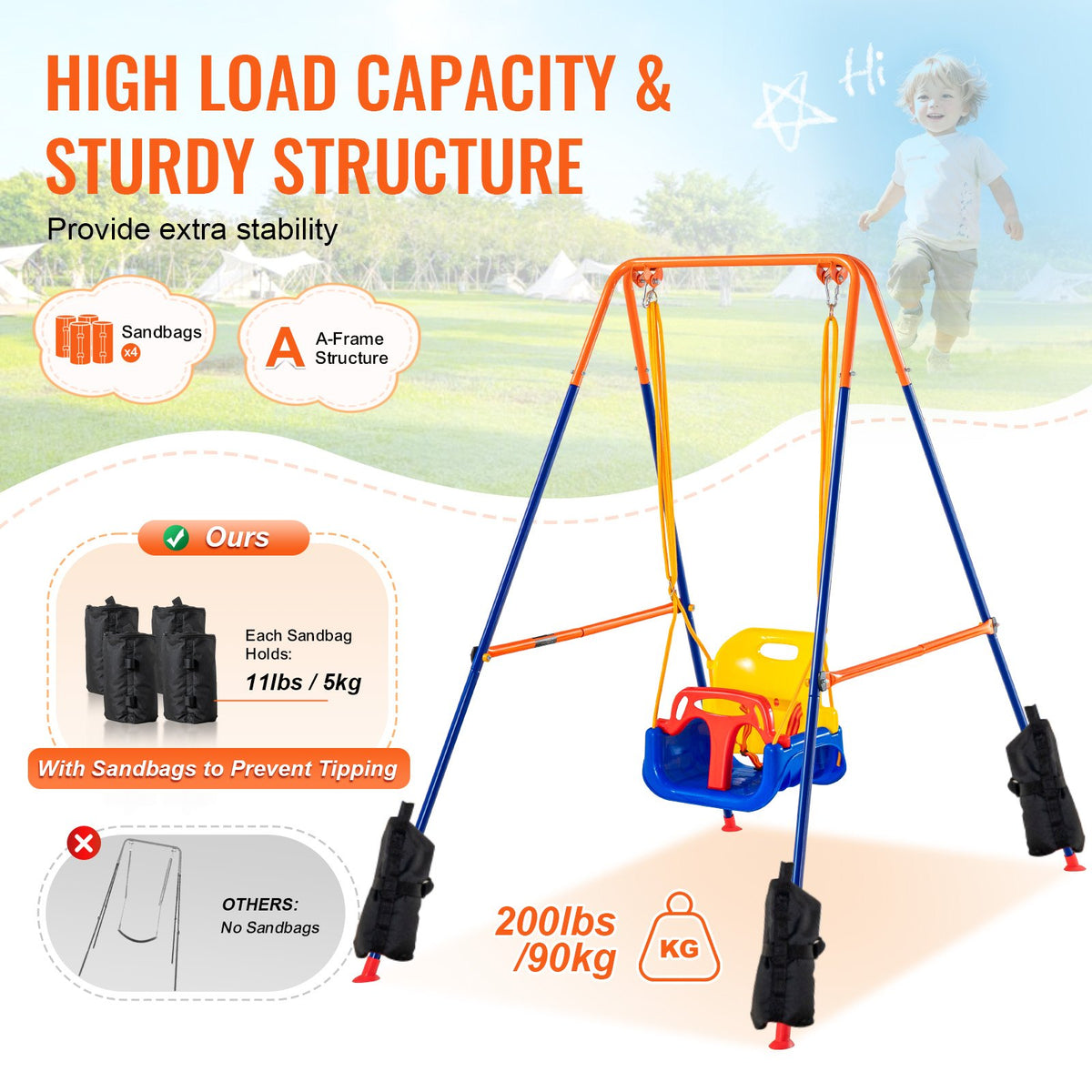 VEVOR Swing Sets for Backyard, 3-in-1 Toddler Swing Set with 4 Sandbags, Foldable Metal Stand, Easy to Assemble, Swingset Indoor/Outdoor for Kids 3-6 Years, Youth 6-10 Years and Teenagers 10+ - AXQQTZSL1RW07PILCV0 - view 4