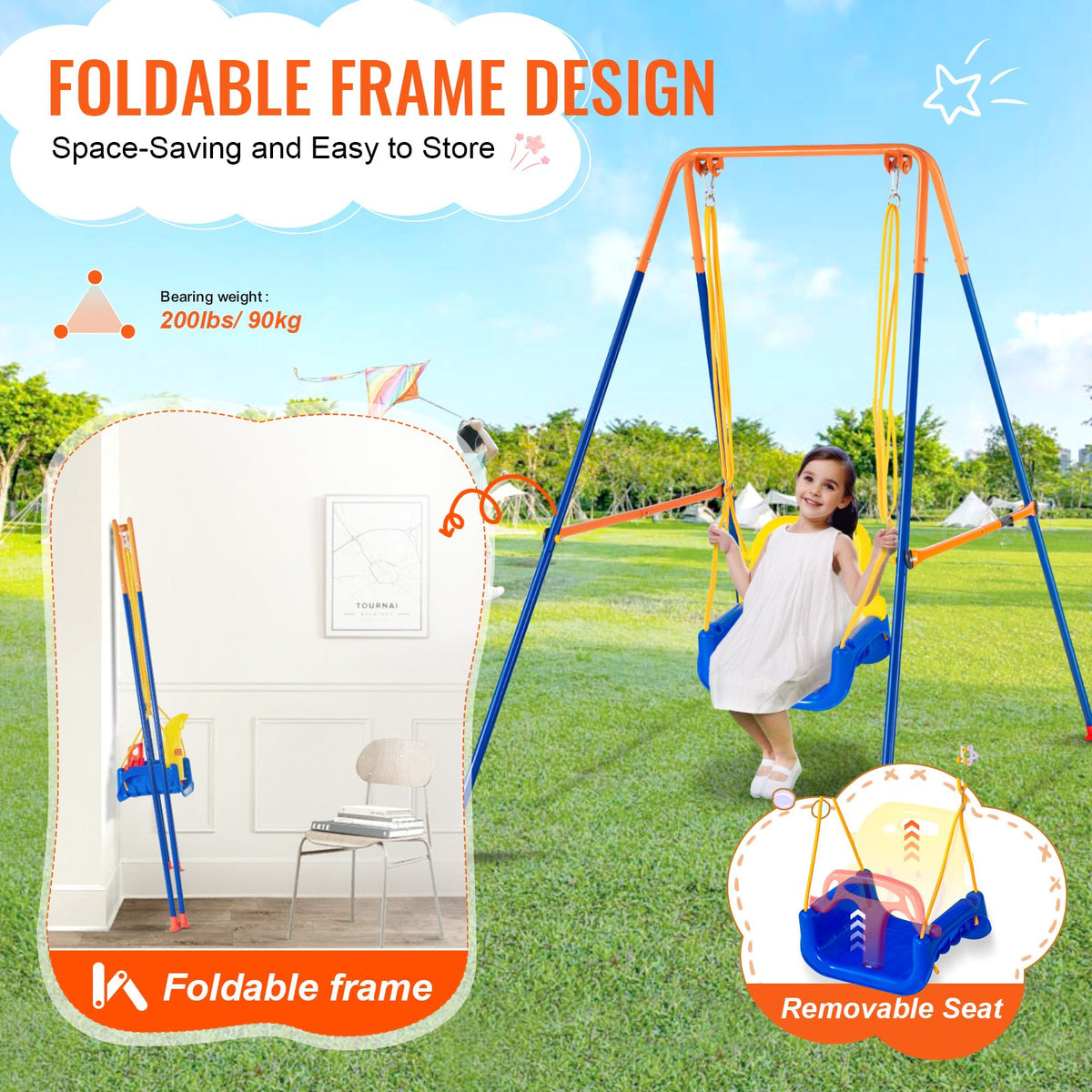 VEVOR Swing Sets for Backyard, 3-in-1 Toddler Swing Set with 4 Sandbags, Foldable Metal Stand, Easy to Assemble, Swingset Indoor/Outdoor for Kids 3-6 Years, Youth 6-10 Years and Teenagers 10+ - AXQQTZSL1RW07PILCV0 - view 5