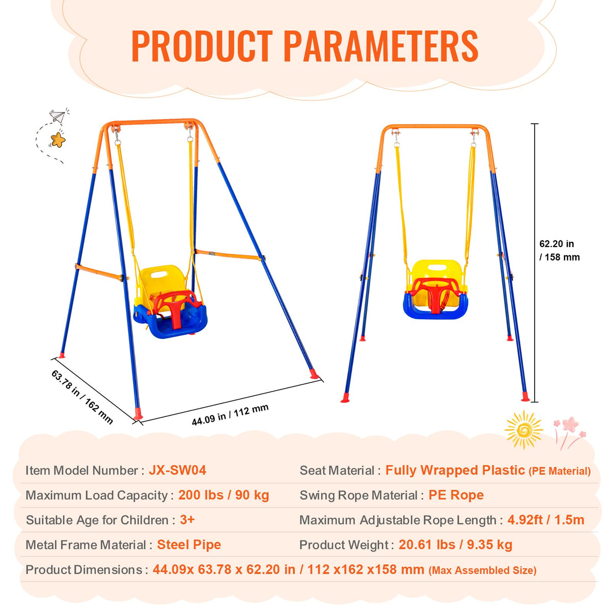 VEVOR Swing Sets for Backyard, 3-in-1 Toddler Swing Set with 4 Sandbags, Foldable Metal Stand, Easy to Assemble, Swingset Indoor/Outdoor for Kids 3-6 Years, Youth 6-10 Years and Teenagers 10+ - AXQQTZSL1RW07PILCV0 - view 8