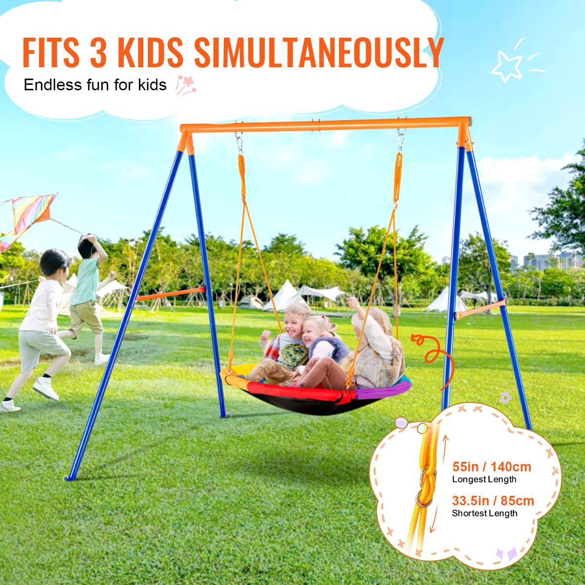 VEVOR Swing Sets for Backyard, 440lbs Load Capacity Swing Set, 40" Saucer Swing Seat with Heavy Duty A-Frame Metal Swing Stand and Adjustable Rope, Easy to Assemble, Swingset Outdoor for Kids - AXQQTZZW1RW0EWUW4V0 - view 5