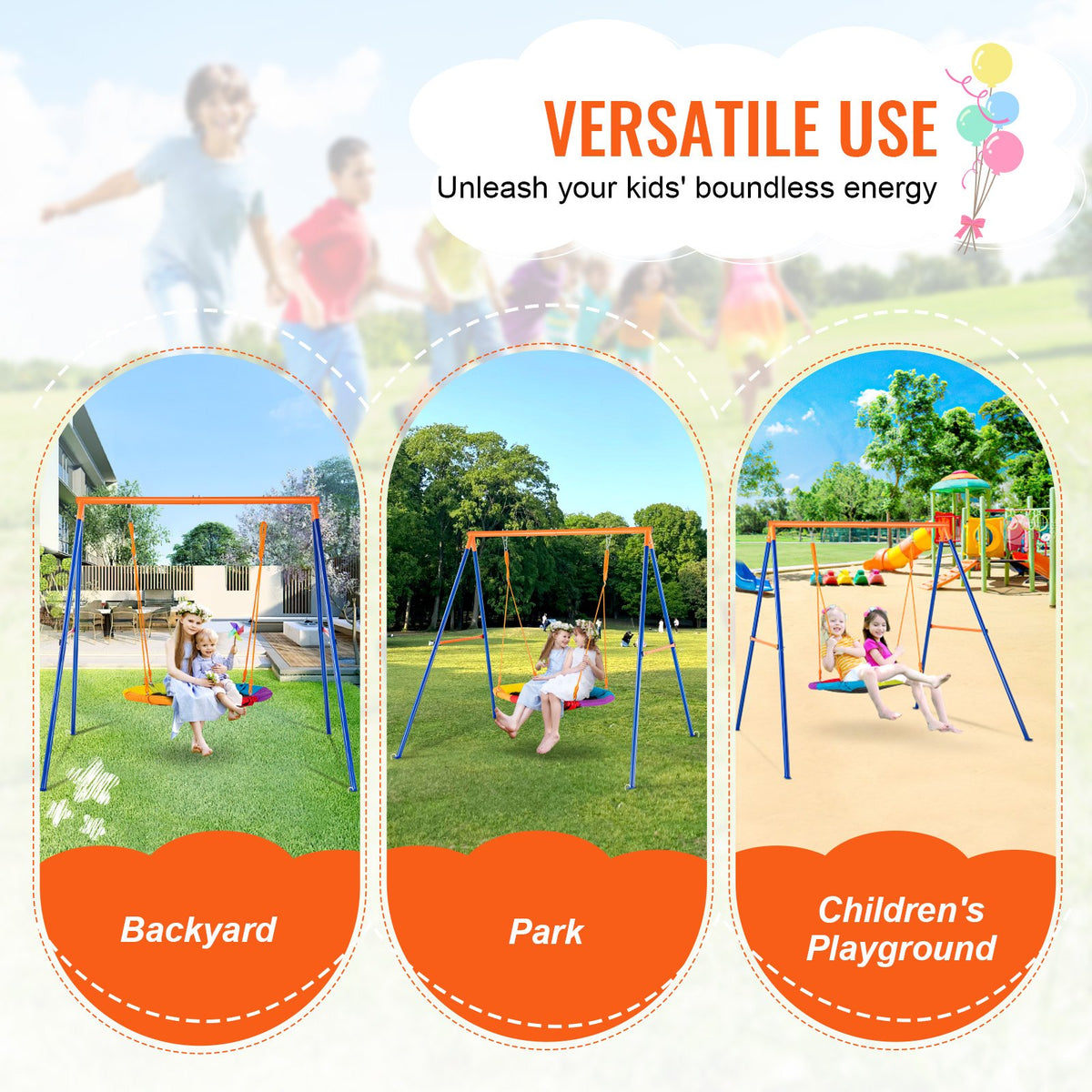 VEVOR Swing Sets for Backyard, 440lbs Load Capacity Swing Set, 40" Saucer Swing Seat with Heavy Duty A-Frame Metal Swing Stand and Adjustable Rope, Easy to Assemble, Swingset Outdoor for Kids - AXQQTZZW1RW0EWUW4V0 - view 7