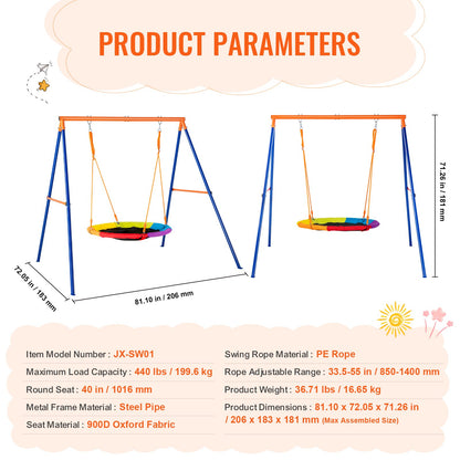 VEVOR Swing Sets for Backyard, 440lbs Load Capacity Swing Set, 40" Saucer Swing Seat with Heavy Duty A-Frame Metal Swing Stand and Adjustable Rope, Easy to Assemble, Swingset Outdoor for Kids - AXQQTZZW1RW0EWUW4V0 - view 8