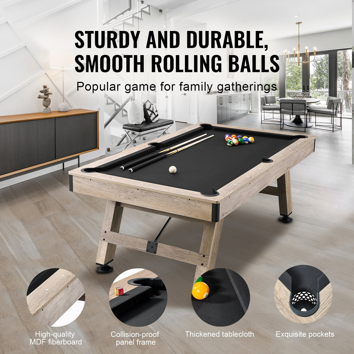 VEVOR Billiards Table, 7 ft Pool Table, Adjust Legs Stable Billiards Table, Pool Table Set Includes Balls, Cues, Chalks and Brush, Wood Color with Black Cloth, Perfect for Family Game Room Kids Adults - AXTTQZHZMRZB8PJQQV0 - view 4