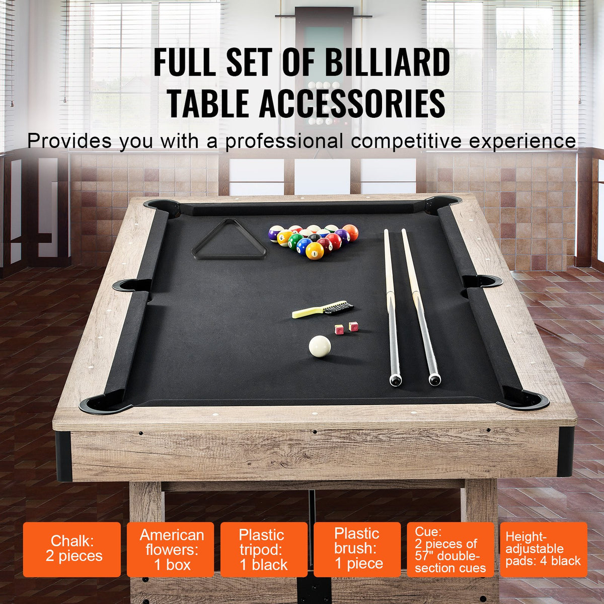 VEVOR Billiards Table, 7 ft Pool Table, Adjust Legs Stable Billiards Table, Pool Table Set Includes Balls, Cues, Chalks and Brush, Wood Color with Black Cloth, Perfect for Family Game Room Kids Adults - AXTTQZHZMRZB8PJQQV0 - view 5
