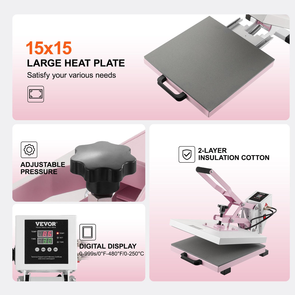 VEVOR Heat Press, 15 x 15 inch Digital Heat Press Machine, Slide Out Heat Transfer Machine, Fast and Even Heating, 2-Layer Insulation Cotton, Heat Transfer Machine for T-Shirts/Pillows/Bags, Pink - AYPBSTHJP15152NXKV1 - view 6
