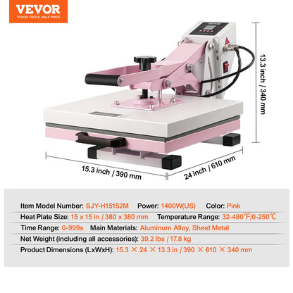 VEVOR Heat Press, 15 x 15 inch Digital Heat Press Machine, Slide Out Heat Transfer Machine, Fast and Even Heating, 2-Layer Insulation Cotton, Heat Transfer Machine for T-Shirts/Pillows/Bags, Pink - AYPBSTHJP15152NXKV1 - view 8