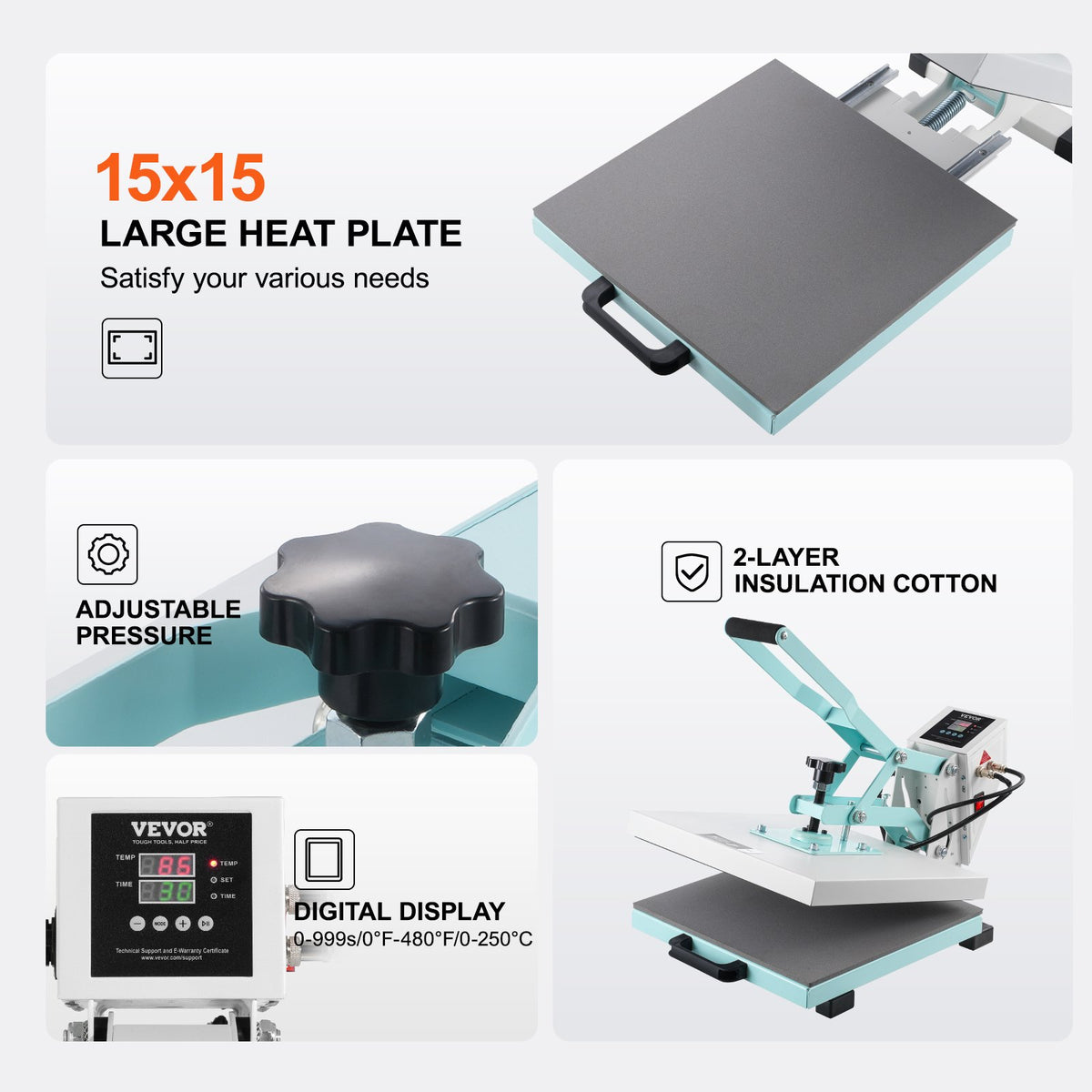 VEVOR Heat Press, 15 x 15 inch Digital Heat Press Machine, Slide Out Heat Transfer Machine, Fast and Even Heating, 2-Layer Insulation Cotton, Heat Transfer Machine for T-Shirts/Pillows/Bags, Green - AYPBSTHJP15156436V1 - view 6