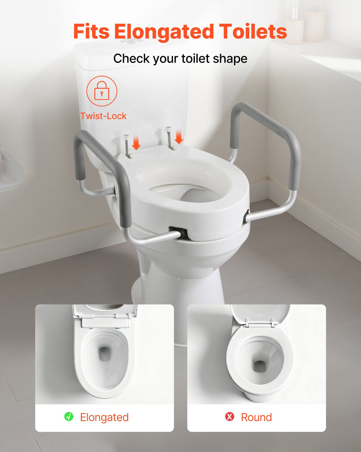 VEVOR Raised Toilet Seat with Arms, 300 lbs Load Capacity, 3.5-Inch Lift Height, Widened Commode Elevated Toilet Seat Riser with Padded Handles for Seniors, Elderly, Handicap, Disabled, and Adults - AZSJGMTZD35YISHJB001V0 - view 4