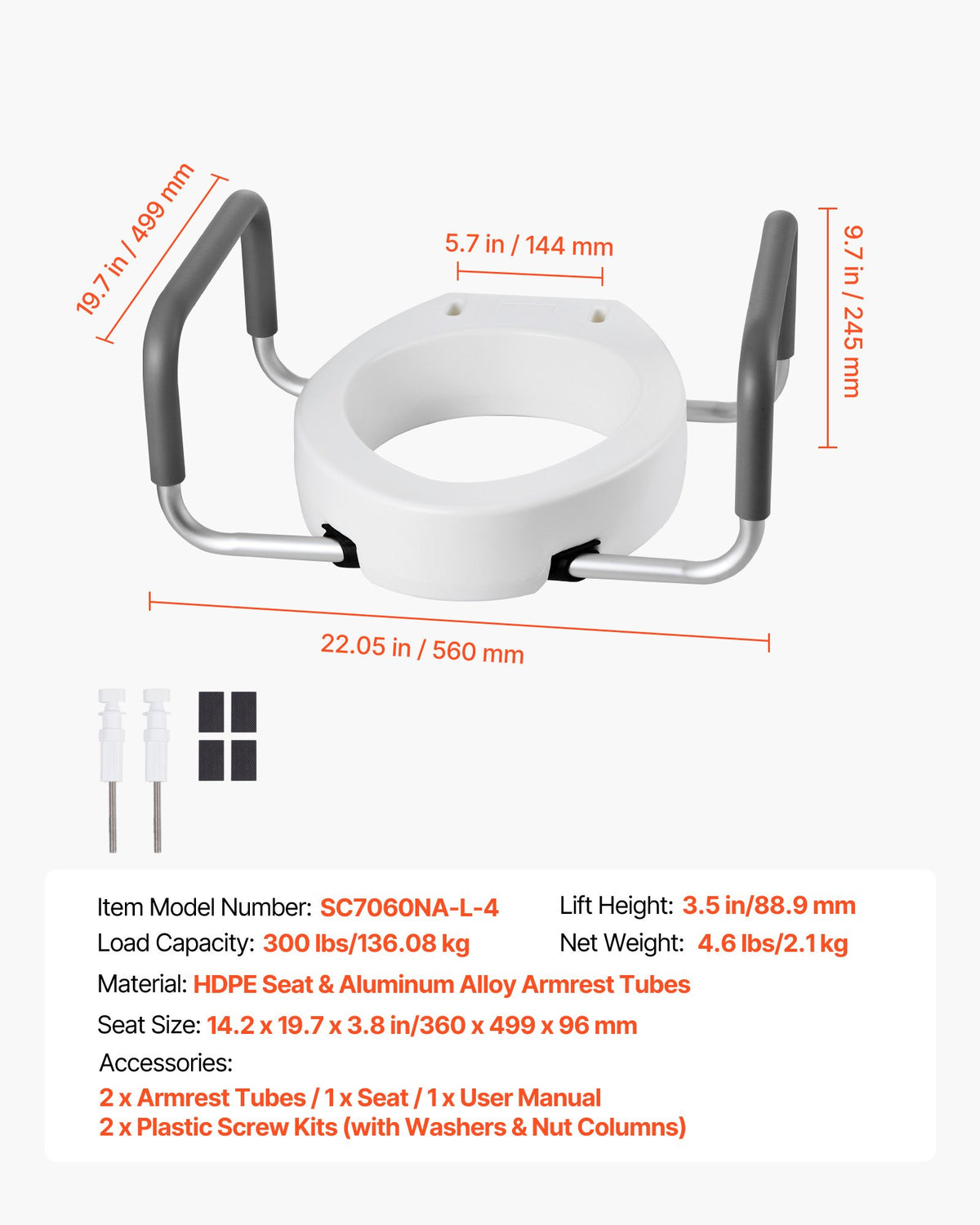VEVOR Raised Toilet Seat with Arms, 300 lbs Load Capacity, 3.5-Inch Lift Height, Widened Commode Elevated Toilet Seat Riser with Padded Handles for Seniors, Elderly, Handicap, Disabled, and Adults - AZSJGMTZD35YISHJB001V0 - view 8