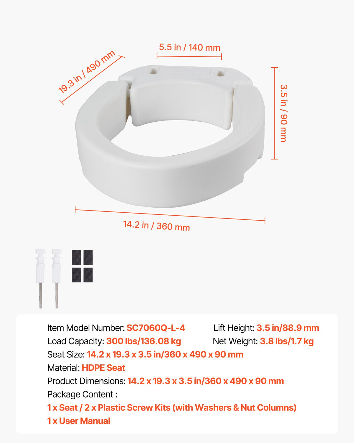 VEVOR Raised Toilet Seat, 300 lbs Load Capacity, 3.5-Inch Lift Height, Commode Elevated Toilet Seat Riser with Enlarged Opening for Seniors, Elderly, Handicap, Disabled, Adults, Fits Elongated Bowl - AZSJGMTZD35YO6XQR001V0 - view 8