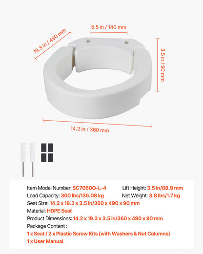 VEVOR Raised Toilet Seat, 300 lbs Load Capacity, 3.5-Inch Lift Height, Commode Elevated Toilet Seat Riser with Enlarged Opening for Seniors, Elderly, Handicap, Disabled, Adults, Fits Elongated Bowl - AZSJGMTZD35YO6XQR001V0 - view 8
