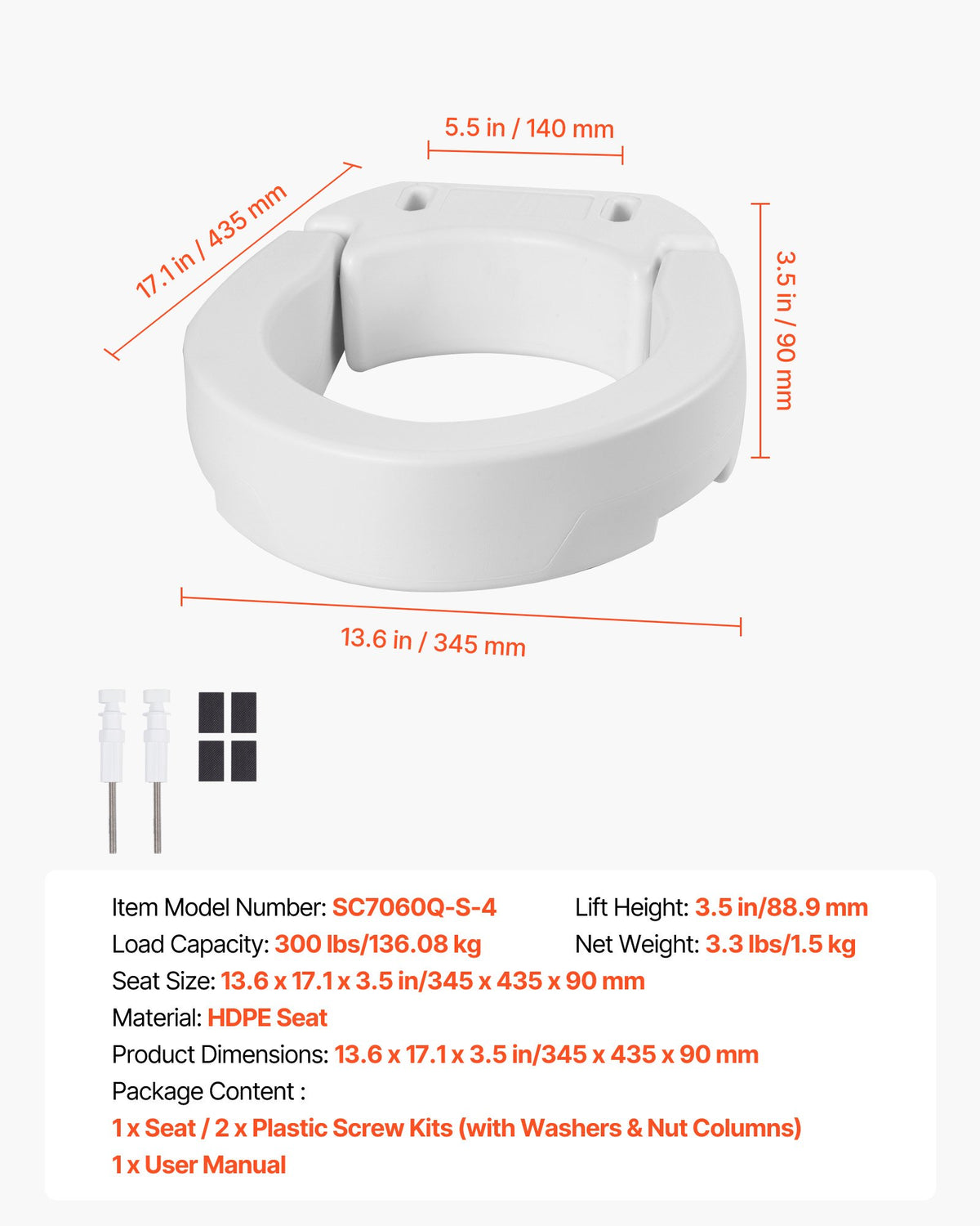VEVOR Raised Toilet Seat, 300 lbs Load Capacity, 3.5-Inch Lift Height, Commode Elevated Toilet Seat Riser with Enlarged Opening for Seniors, Elderly, Handicap, Disabled, and Adults, Fits Round Bowl - AZSJGMTZD35YVGGYI001V0 - view 8