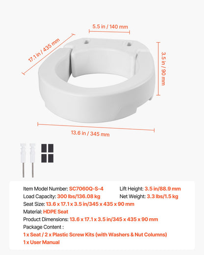 VEVOR Raised Toilet Seat, 300 lbs Load Capacity, 3.5-Inch Lift Height, Commode Elevated Toilet Seat Riser with Enlarged Opening for Seniors, Elderly, Handicap, Disabled, and Adults, Fits Round Bowl - AZSJGMTZD35YVGGYI001V0 - view 8