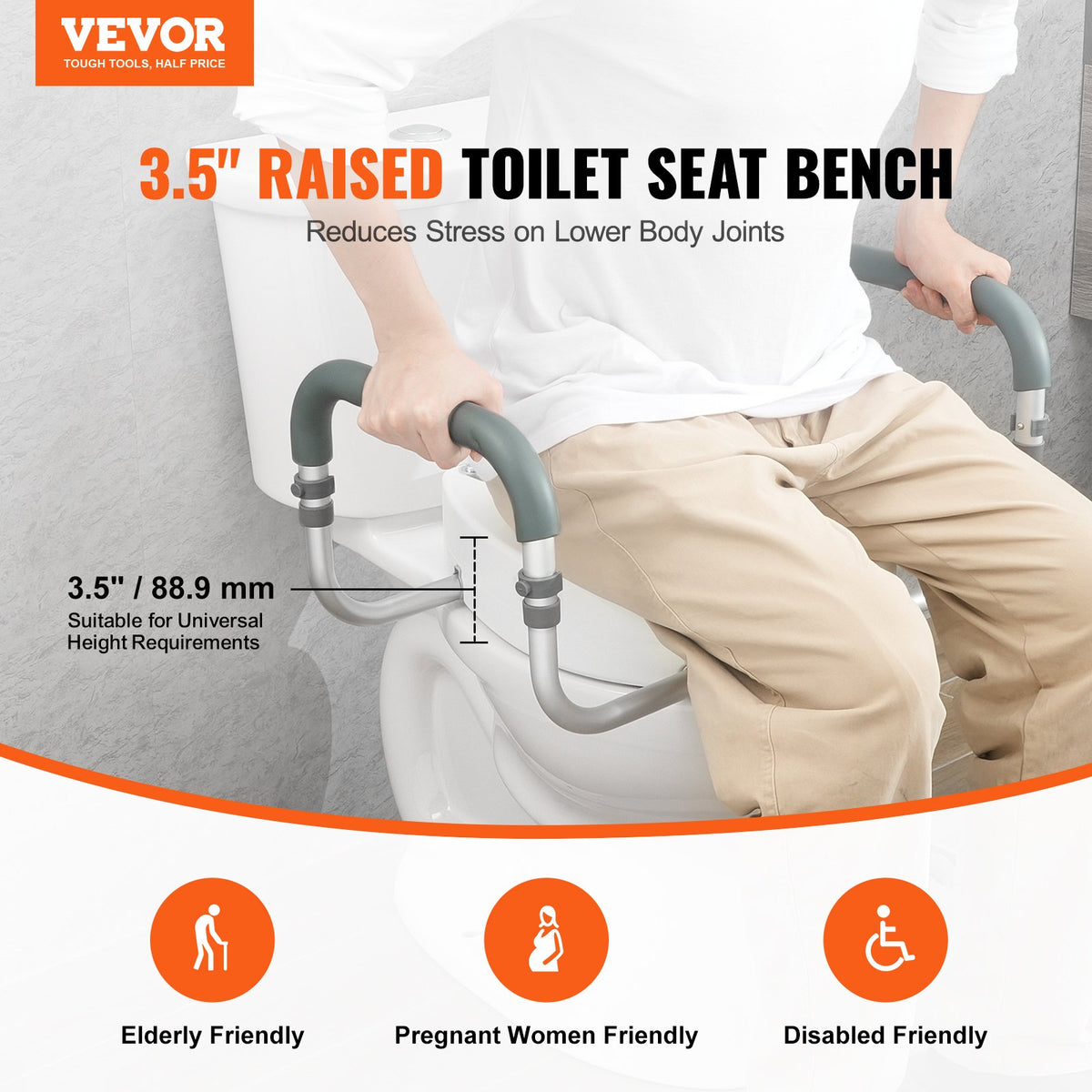 VEVOR Raised Toilet Seat, 3.5" Height Raised, 300 lbs Weight Capacity, for Standard Round Toilet, Aluminum Handrail, with EVA Armrest Padding, for Elderly, Handicap, Patient, Pregnant, Medical - AZSJGMTZDDFSTV95SV0 - view 3