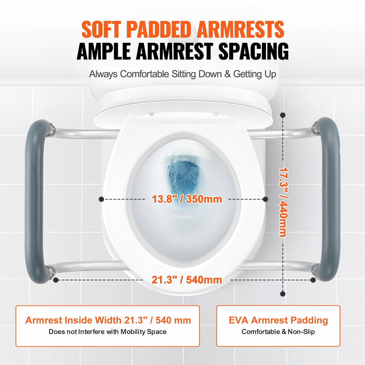 VEVOR Raised Toilet Seat, 3.5" Height Raised, 300 lbs Weight Capacity, for Standard Round Toilet, Aluminum Handrail, with EVA Armrest Padding, for Elderly, Handicap, Patient, Pregnant, Medical - AZSJGMTZDDFSTV95SV0 - view 5