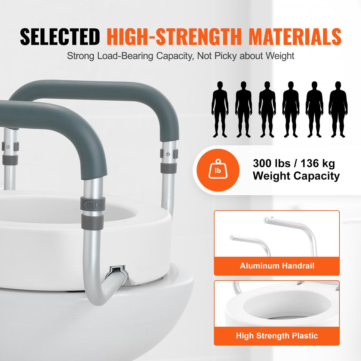VEVOR Raised Toilet Seat, 3.5" Height Raised, 300 lbs Weight Capacity, for Standard Round Toilet, Aluminum Handrail, with EVA Armrest Padding, for Elderly, Handicap, Patient, Pregnant, Medical - AZSJGMTZDDFSTV95SV0 - view 6