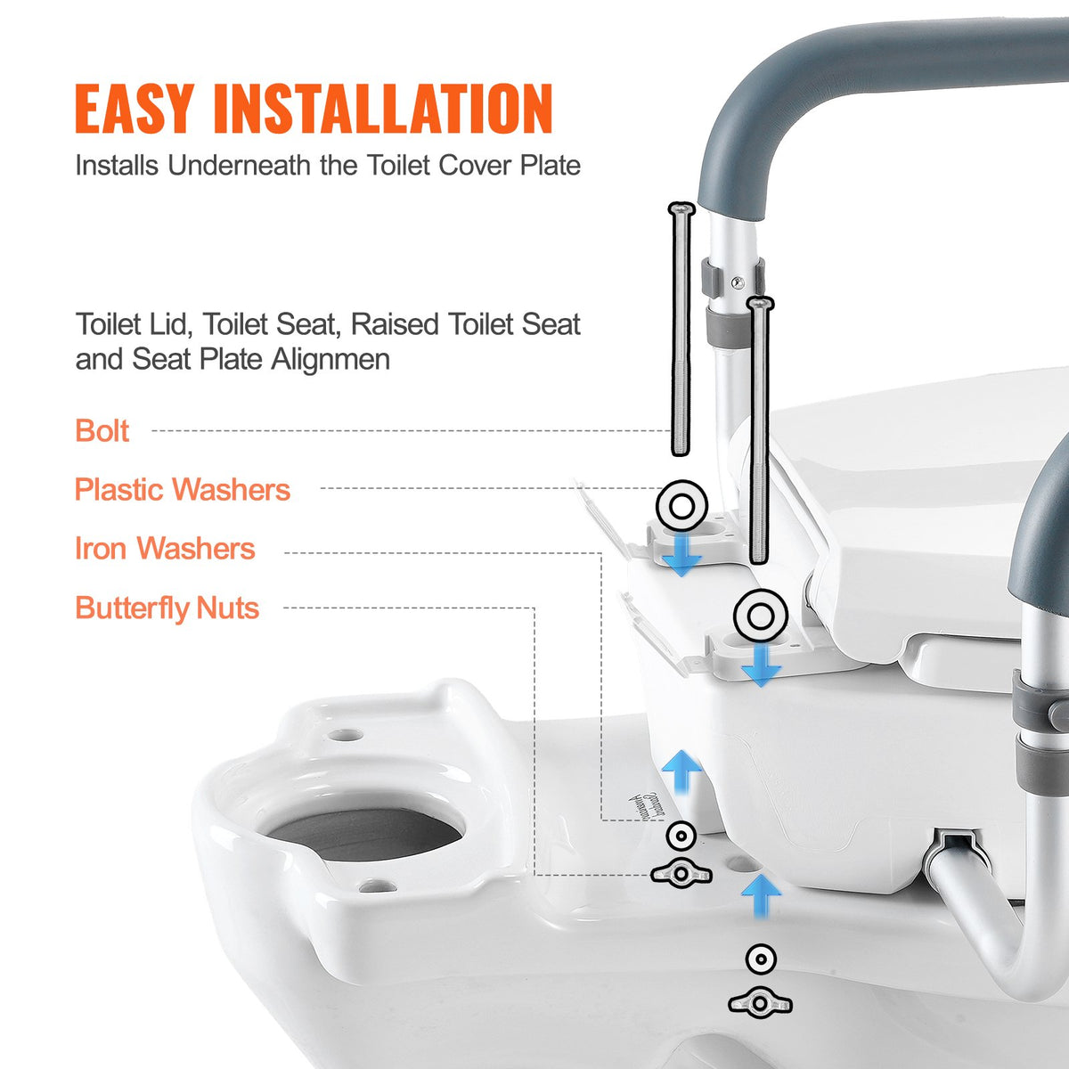 VEVOR Raised Toilet Seat, 3.5" Height Raised, 300 lbs Weight Capacity, for Standard Round Toilet, Aluminum Handrail, with EVA Armrest Padding, for Elderly, Handicap, Patient, Pregnant, Medical - AZSJGMTZDDFSTV95SV0 - view 7