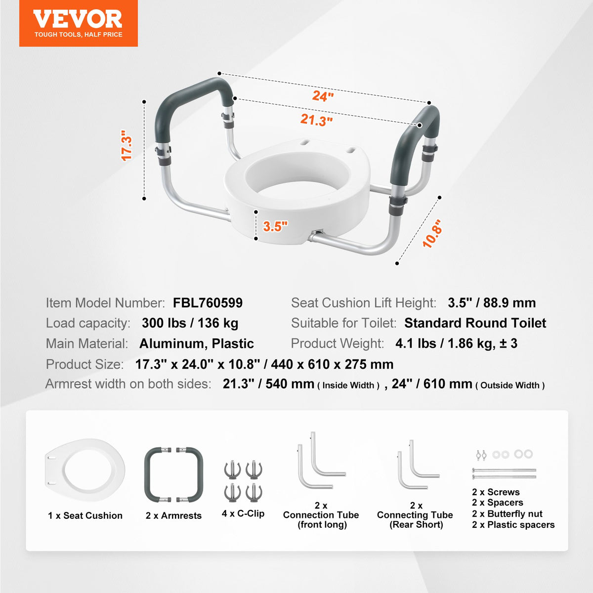 VEVOR Raised Toilet Seat, 3.5" Height Raised, 300 lbs Weight Capacity, for Standard Round Toilet, Aluminum Handrail, with EVA Armrest Padding, for Elderly, Handicap, Patient, Pregnant, Medical - AZSJGMTZDDFSTV95SV0 - view 8