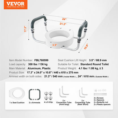 VEVOR Raised Toilet Seat, 3.5" Height Raised, 300 lbs Weight Capacity, for Standard Round Toilet, Aluminum Handrail, with EVA Armrest Padding, for Elderly, Handicap, Patient, Pregnant, Medical - AZSJGMTZDDFSTV95SV0 - view 8