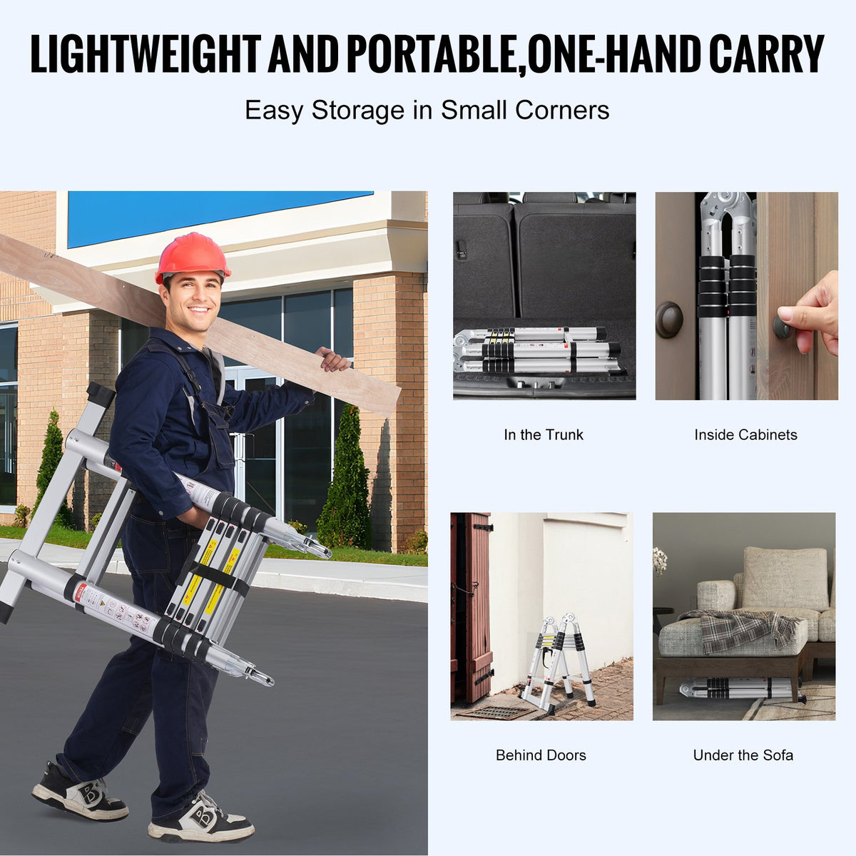 VEVOR Telescoping Ladder, 12.5FT A-Shape Aluminum Extension Ladder Lightweight, Multi-button Retraction Collapsible Ladder, 375 LBS Capacity w/ Stabilizer Bar, Multi-Purpose Ladders for RV, Camper - AZXSSLTNLSLK7NWR8V0 - view 6