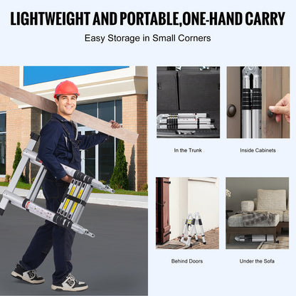 VEVOR Telescoping Ladder, 12.5FT A-Shape Aluminum Extension Ladder Lightweight, Multi-button Retraction Collapsible Ladder, 375 LBS Capacity w/ Stabilizer Bar, Multi-Purpose Ladders for RV, Camper - AZXSSLTNLSLK7NWR8V0 - view 6