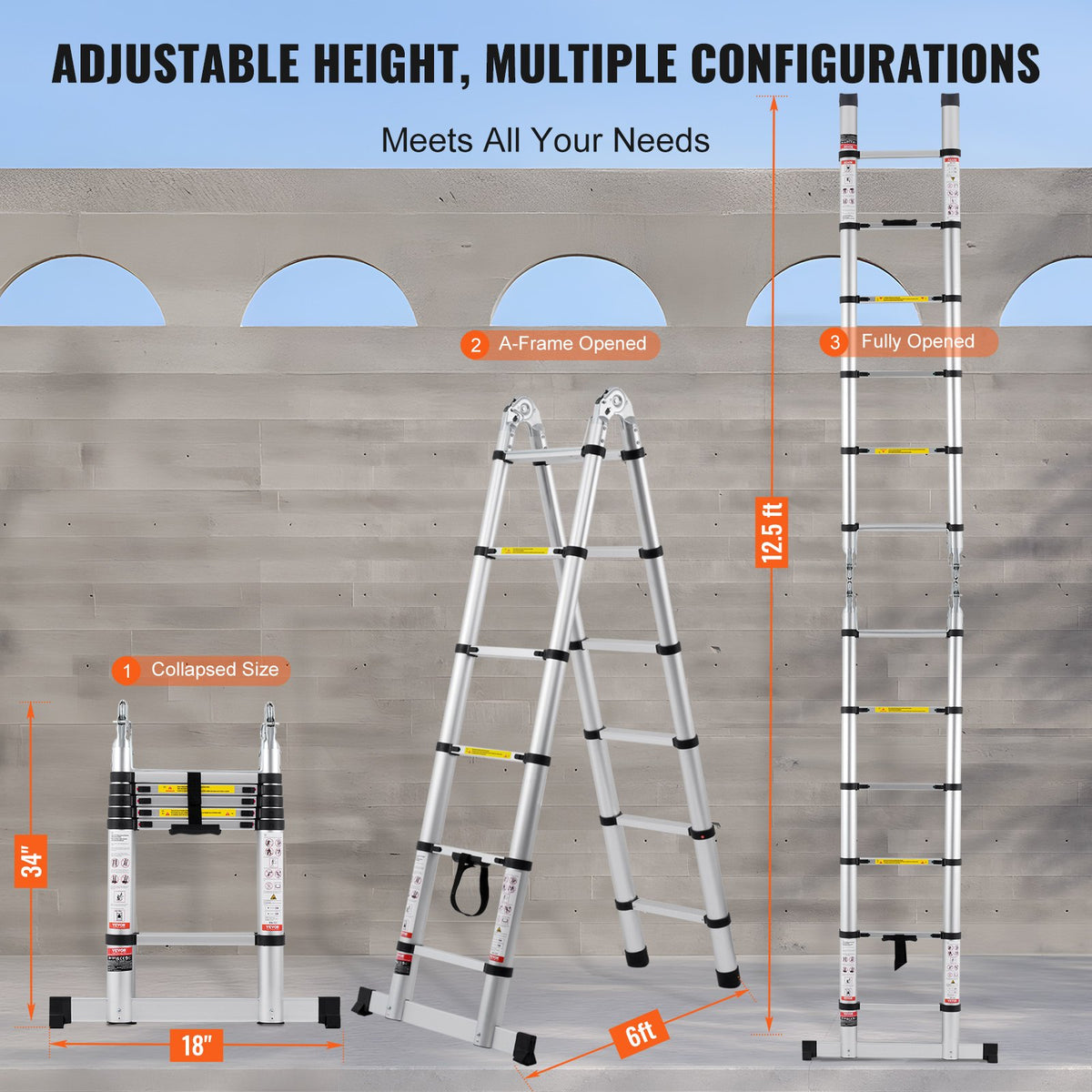 VEVOR Telescoping Ladder, 12.5FT A-Shape Aluminum Extension Ladder Lightweight, Multi-button Retraction Collapsible Ladder, 375 LBS Capacity w/ Stabilizer Bar, Multi-Purpose Ladders for RV, Camper - AZXSSLTNLSLK7NWR8V0 - view 7