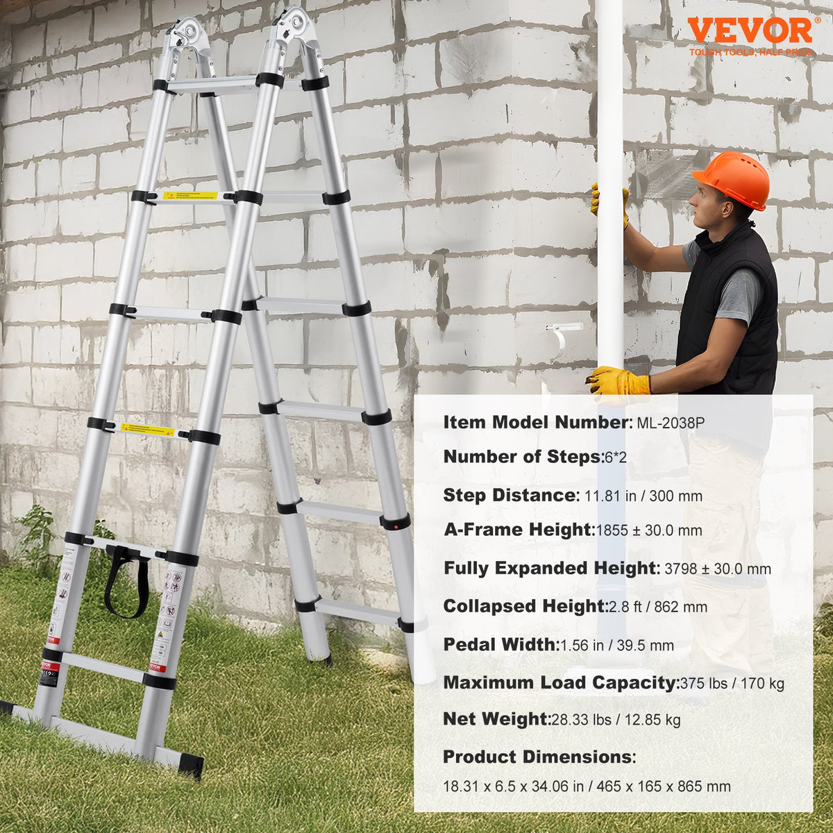 VEVOR Telescoping Ladder, 12.5FT A-Shape Aluminum Extension Ladder Lightweight, Multi-button Retraction Collapsible Ladder, 375 LBS Capacity w/ Stabilizer Bar, Multi-Purpose Ladders for RV, Camper - AZXSSLTNLSLK7NWR8V0 - view 8