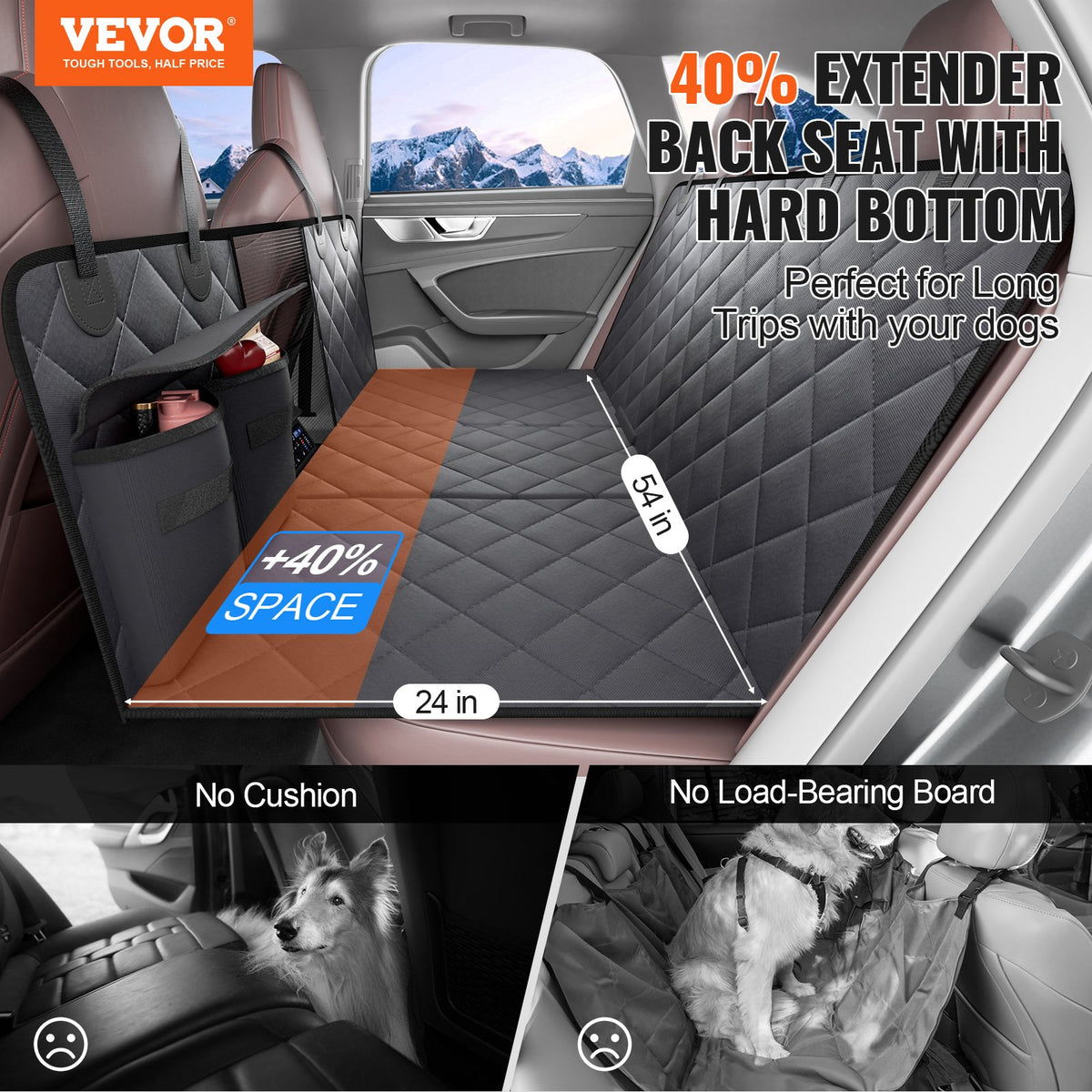 VEVOR Back Seat Extender for Dogs,Dog Hammock for Car Back seat,Waterproof Hard Bottom Dog Car Seat Cover for Back Seat 54"x24",Supports 400lbs with Mesh Window and Storage Pocket for Car, SUV - BBDX5424INJCRJ9PJV0 - view 3