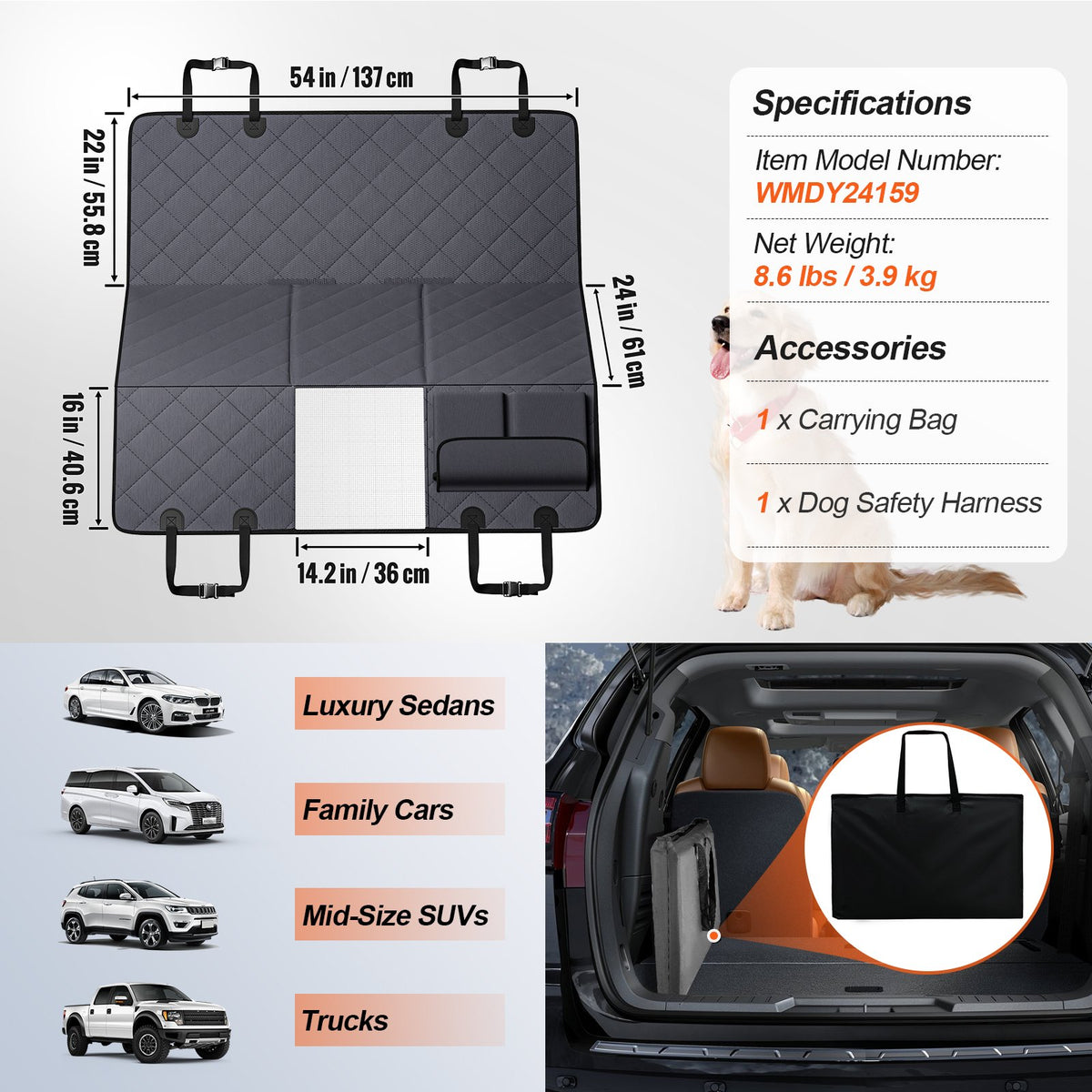 VEVOR Back Seat Extender for Dogs,Dog Hammock for Car Back seat,Waterproof Hard Bottom Dog Car Seat Cover for Back Seat 54"x24",Supports 400lbs with Mesh Window and Storage Pocket for Car, SUV - BBDX5424INJCRJ9PJV0 - view 8