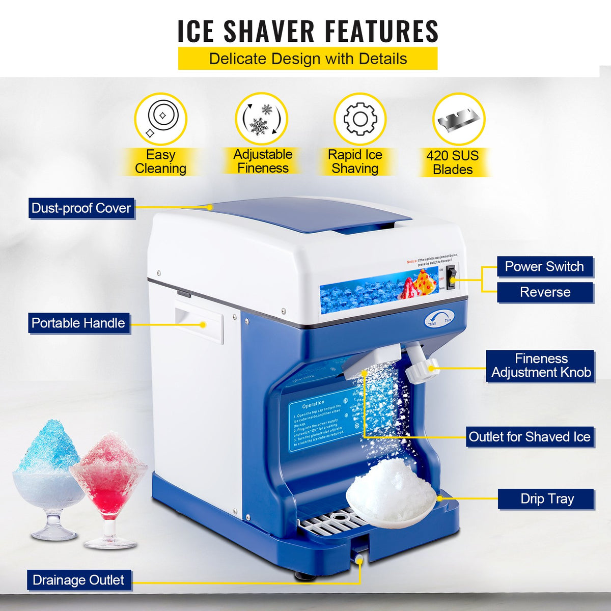 VEVOR 110V Electric Shaved Ice Machine 250W Snow Cone Maker Tabletop with Adjustable Ice Texture, Ice Shaving Machine 265LBs/hr for Home and Commerical Use - BBJ168SY000000001V1 - view 3