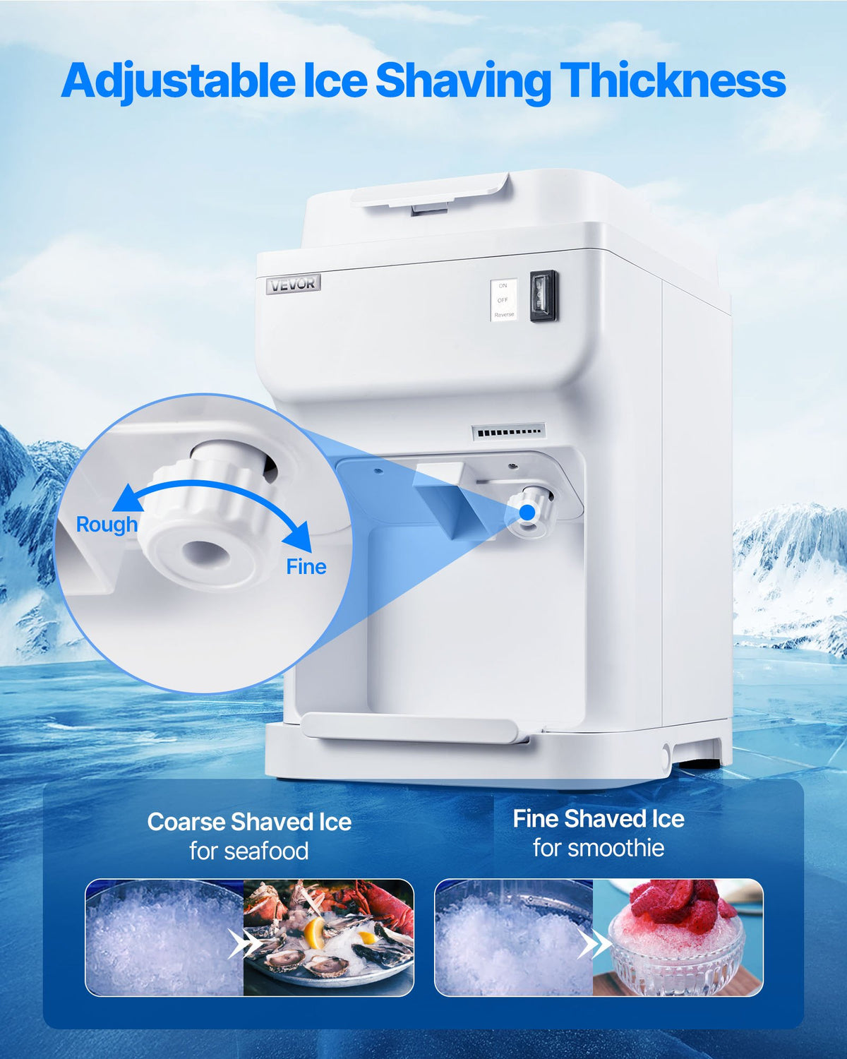 VEVOR Commercial Ice Shaver Crusher, 220lbs Per Hour Electric Snow Cone Maker with 4L Ice Cube Box, 350W 1500RPM Tabletop Shaved Ice Machine for Parties Events Bar, Home and Commercial Use (White) - BBJBS350WBDHFCMJM001V1 - view 4