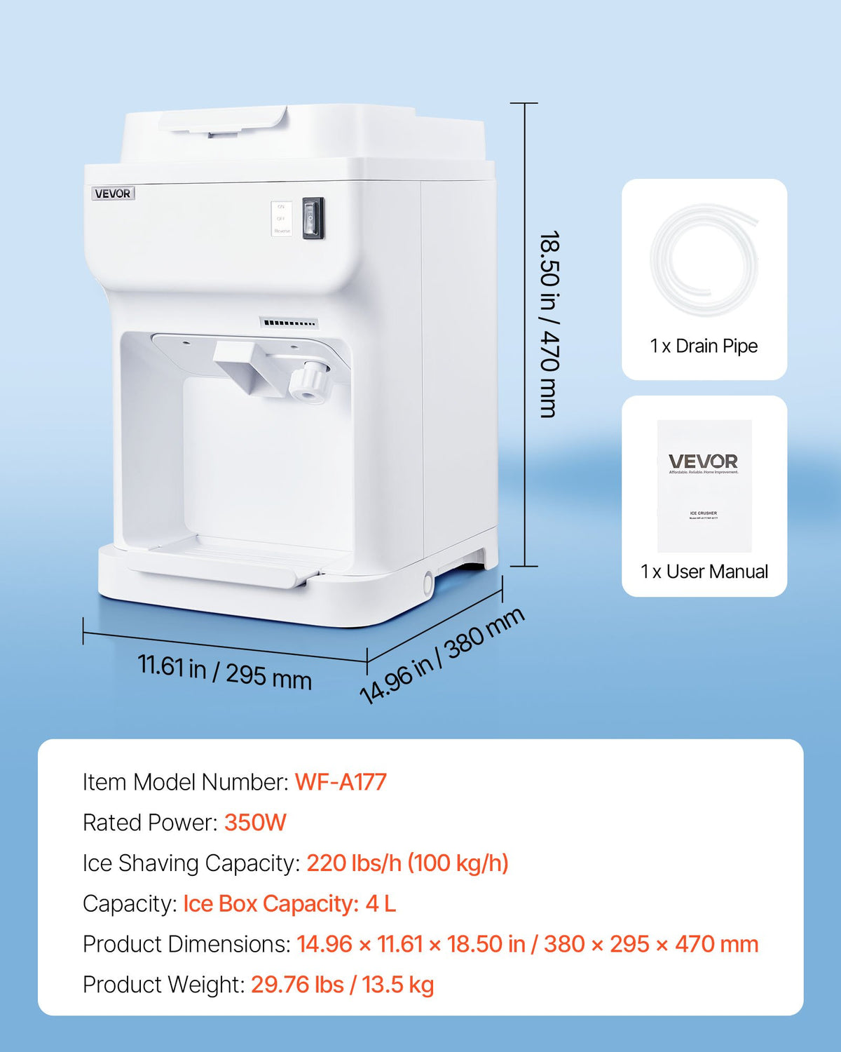 VEVOR Commercial Ice Shaver Crusher, 220lbs Per Hour Electric Snow Cone Maker with 4L Ice Cube Box, 350W 1500RPM Tabletop Shaved Ice Machine for Parties Events Bar, Home and Commercial Use (White) - BBJBS350WBDHFCMJM001V1 - view 8